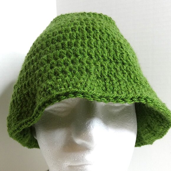 Dark Green Bucket Hat OS Handmade Crochet Hand Knit Roll Up Beanie Spring Garden - Picture 2 of 9